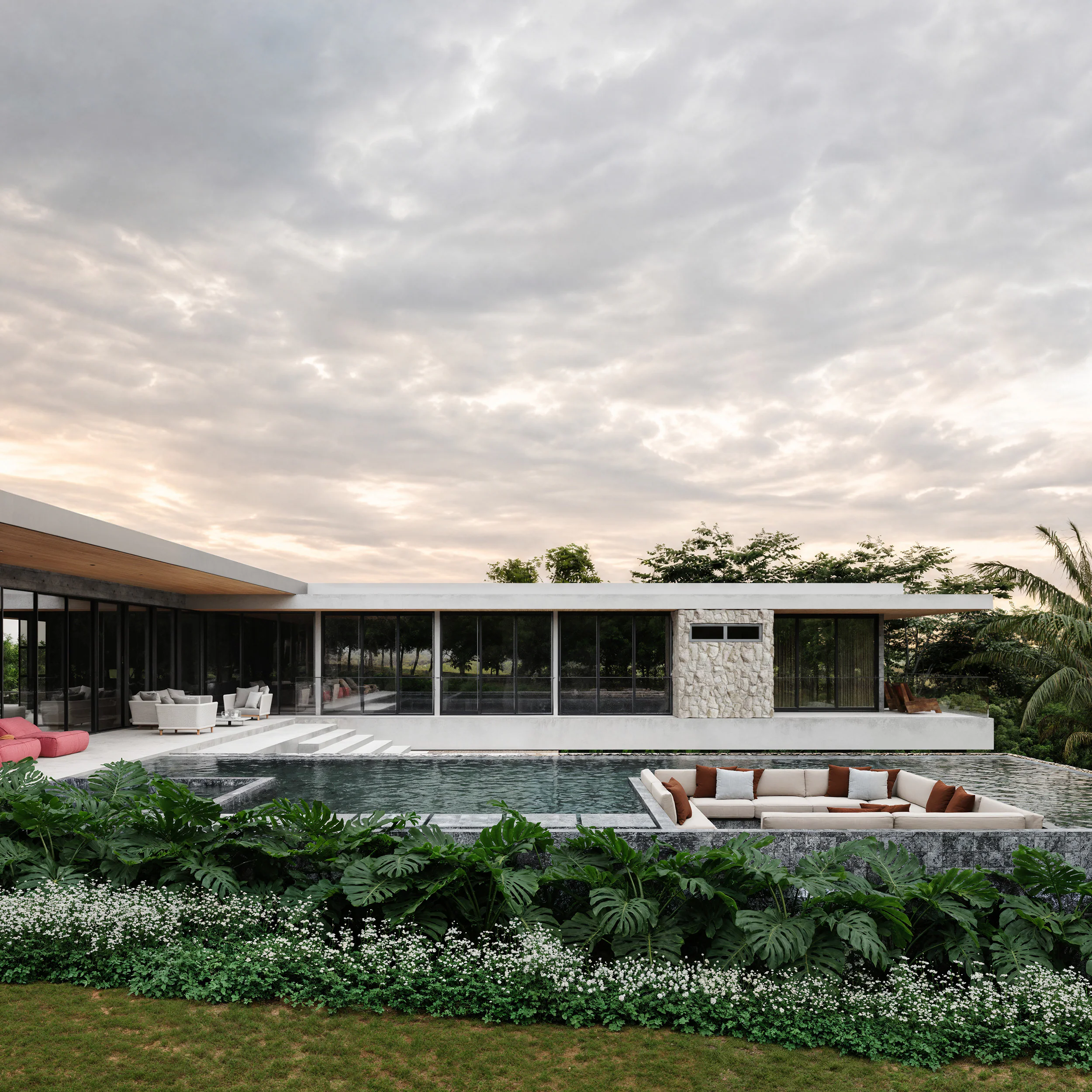 Residência contemporânea com piscina e paisagismo tropical